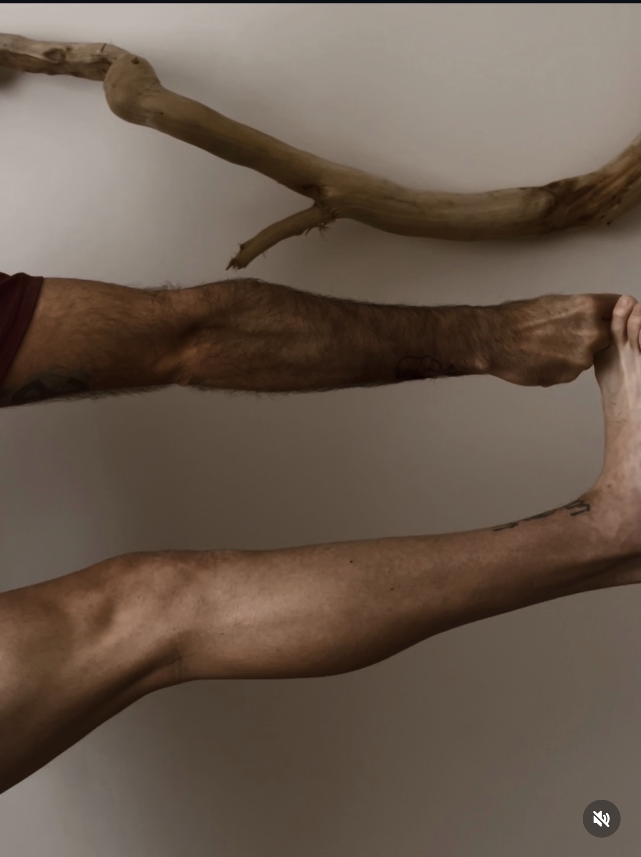 Detalle de una práctica de yoga, con dos piernas y una rama de madera sobre una pared neutra